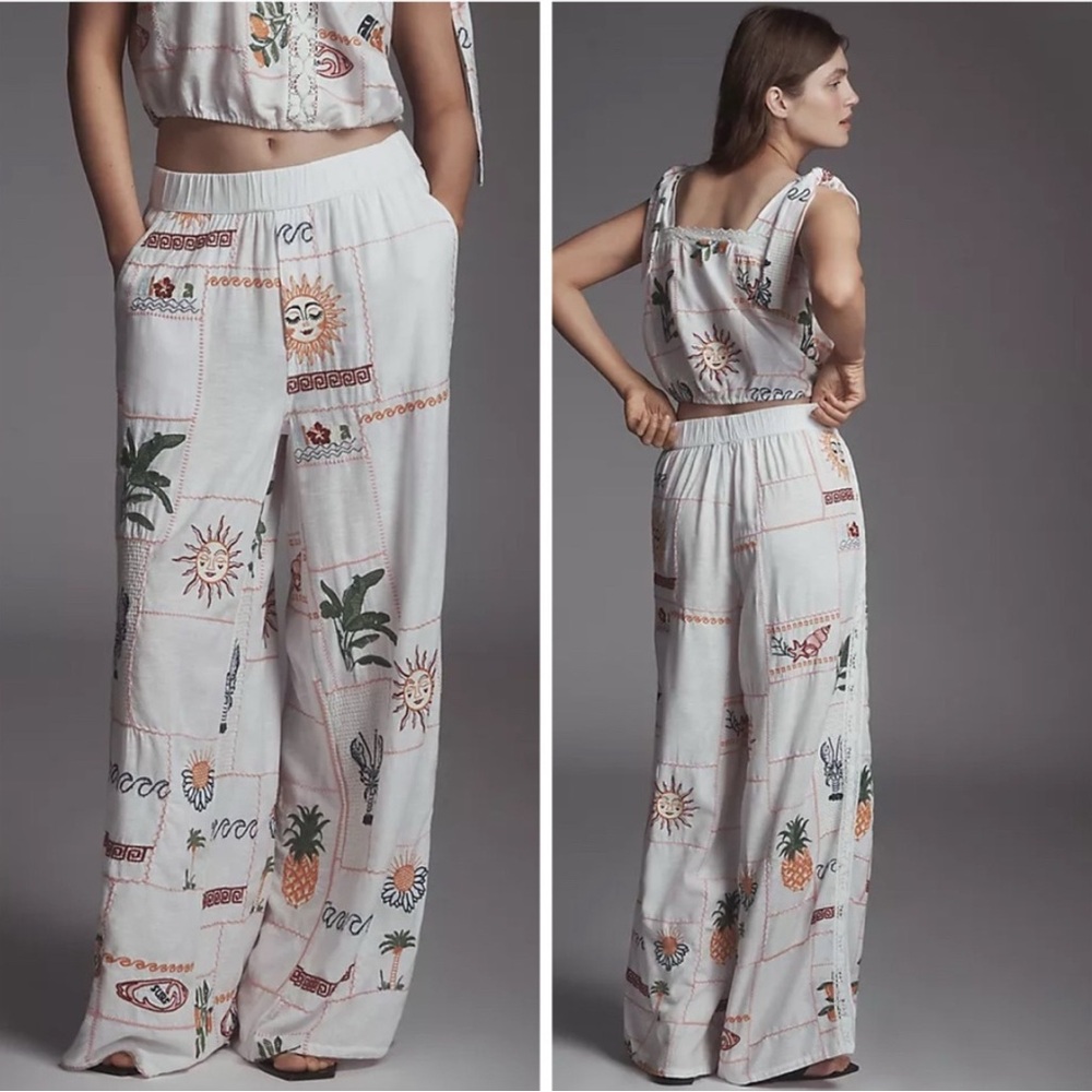 Anthropologie Pilcro Embroidered Patchwork Pants Tropical Vacation Baggy Small